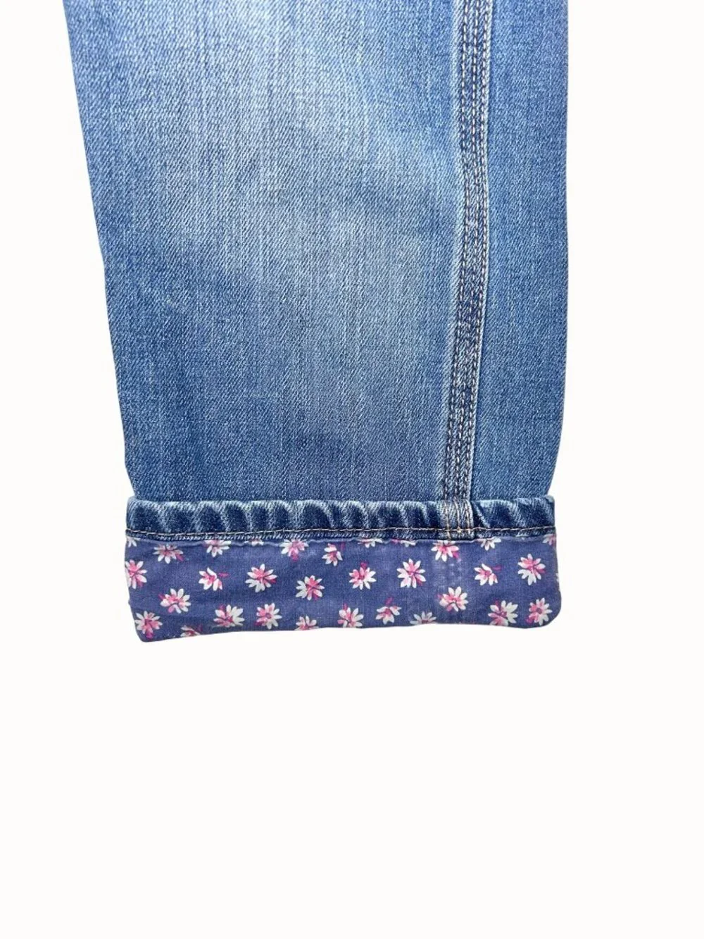 OSHKOSH BGOSH 4T GIRLS DENIM OVERALLS W/ FLORAL CUFF ACCENTS & ADJUSTABLE STRAPS